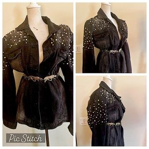 Vintage 80s embellished pearls and stones large shoulder pads denim jacket dress